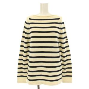 ニット セーター 長袖 ボーダー柄 リボン コットン アイボリー 黒 ブラック /KU