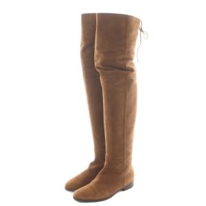 ニーハイブーツ ロングブーツ ヒール アーモンドトゥ バックリボン レースアップ スエード 36 茶 ブラウン