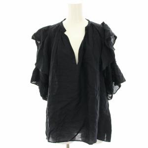 25SS ソフトクロスフリルスリーブブラウス シャツ 五分袖 麻 リネン混 スキッパー 黒 ブラック 25051400717010