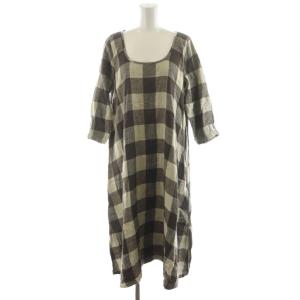 ワンピース ロング丈 7分袖 チェック柄 コットン 麻 リネン混 XS ベージュ 茶 ブラウン /AN40
