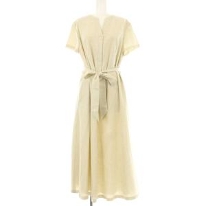 タグ付き 麻調スラブツイル フレアワンピース ロング 半袖 リボン 42 ライトベージュ 153-56428