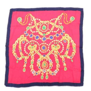 マストドゥ must de スカーフ 大判 シルク 赤 レッド 紺 ネイビー 宝石柄 ジュエリー柄 /GV