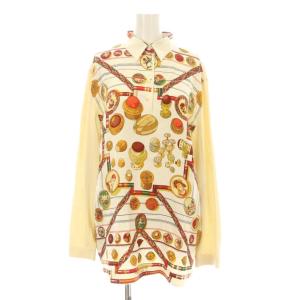 ツイルレーヌ ポロシャツ カットソー 長袖 ニット 切替 シルク 総柄 L アイボリー マルチカラー /KU