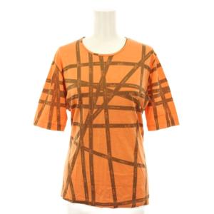 Tシャツ カットソー クルーネック 半袖 リボン柄 L オレンジ 茶 ブラウン /YT