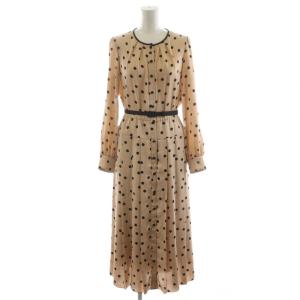 23SS サテンドットプリーツ切り替え ワンピース ロング丈 長袖 ベルト付き 36 ピンク 黒 ブラック