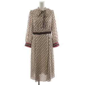 23SS ベルトパターンプリント ワンピース ロング丈 長袖 総柄 36 ピンク 白 ホワイト 茶 ブラウン