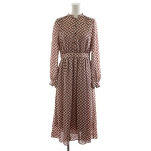 23AW キャットプリントギャザー ワンピース ロング丈 長袖 総柄 36 ピンク 10232714310