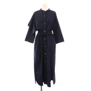 23SS ハーフケープワンピース シャツ ミモレ ロング 七分袖 バンドカラー アシンメトリー ストレッチ