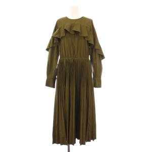 ハイカウントタイプライターワンピース ミモレ ロング プリーツ 長袖 クルーネック フリル 38 カーキ
