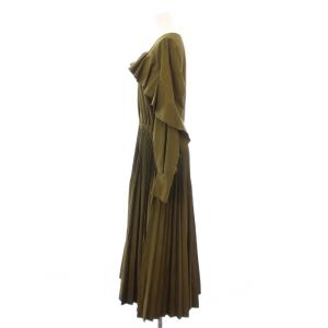 ADORE ハイカウントタイプライターワンピース ミモレ ロング プリーツ 長袖 クルーネック フリル 38 カーキ