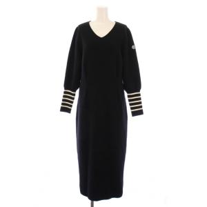 ニットワンピース マキシ ロング 長袖 Vネック ストレッチ ウール ボーダー柄 36 黒 ブラック /BB