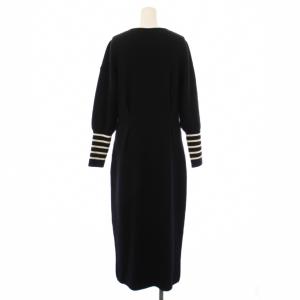 BORDERS at BALCONY ニットワンピース マキシ ロング 長袖 Vネック ストレッチ ウール ボーダー柄 36 黒 ブラック /BB