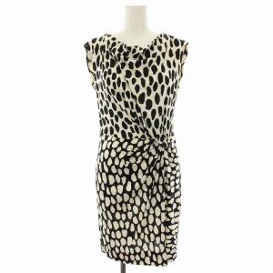 ワンピース ひざ丈 ノースリーブ 絹 シルク アニマル柄 総柄 2 アイボリー 黒 ブラック 416-141171
