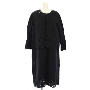 セットアップ ノーカラージャケット 七分袖 ワンピース ノースリーブ リネン カットワーク 13R 黒