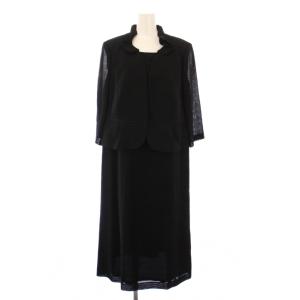 ブラックフォーマル 喪服 ワンピース ひざ丈 七分袖 フラワーカラー シルク 46 黒 ブラック 0771514