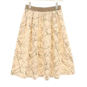 フレアスカート ミモレ ロング 花柄 鳥柄 プリント 1 ピンクベージュ 016-120207 /KU
