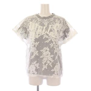 チュール重ねプリントTシャツ カットソー 半袖 クルーネック ロゴ レース 花柄 刺繍 レイヤード 1