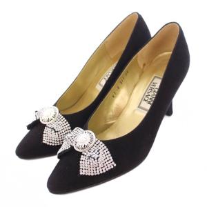 パンプス アーモンドトゥ ハイヒール メデューサ スエード リボン 装飾 35 黒 ブラック /BB