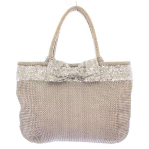 ハンドバッグ スパンコール 編み込み 切替 リボン ロゴチャーム シルバーカラー /BB