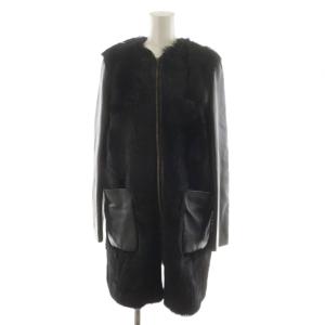 ノーカラーコート ロング丈 ファー 羊革 ラムレザー 切替 アウター 38 黒 ブラック 038-259816