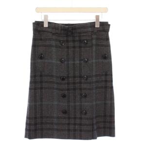 フレアスカート ひざ丈 ダブル ベルト ウール シルク混 カシミヤ混 チェック柄 38 グレー 黒 ブラック