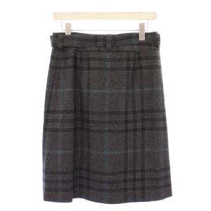 BURBERRY LONDON フレアスカート ひざ丈 ダブル ベルト ウール シルク混 カシミヤ混 チェック柄 38 グレー 黒 ブラック
