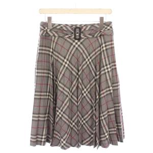 プリーツスカート ひざ丈 ベルトデザイン チェック柄 ウール 38 グレー /BB