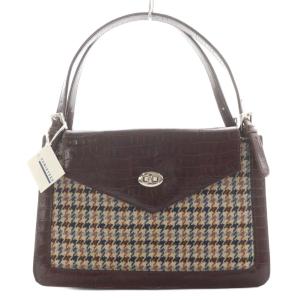 ハンドバッグ 切替 ターンロック 千鳥格子 ウール レザー ベージュ 茶 ブラウン /AN2