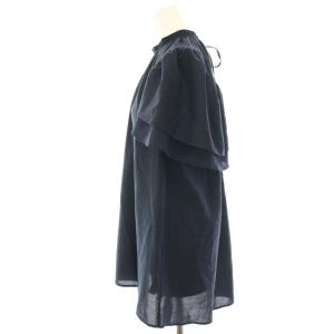 LANVIN en Bleu 撥水ブライトローンブラウス シャツ ギャザー シアー 半袖 バックリボン 38 紺 ネイビー 3546613