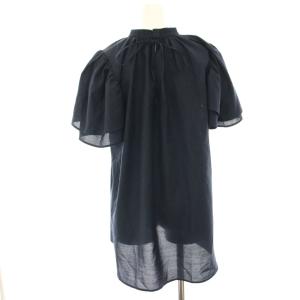 LANVIN en Bleu 撥水ブライトローンブラウス シャツ ギャザー シアー 半袖 バックリボン 38 紺 ネイビー 3546613