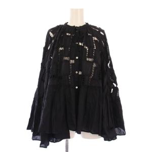 シャツ ブラウス 長袖 クルーネック 編み込み 麻 リネン混 F 黒 ブラック /BB