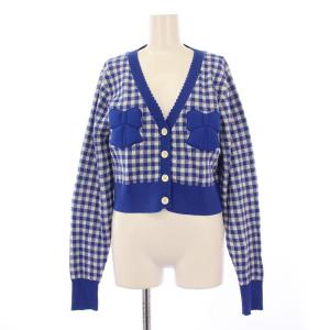 リボンアップリケギンガムカーディガン ニット 長袖 Vネック ショート丈 チェック柄 F 青 ブルー RWNT251111