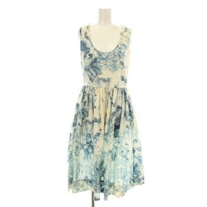 ワンピース フレア ミモレ ロング ノースリーブ 花柄 プリント フリル コットン 38 白 ホワイト