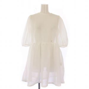 チュニック サマーニット 五分袖 クルーネック ストレッチ 麻 リネン混 34 白 ホワイト タグ付き