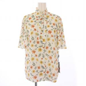 シャツ ブラウス 半袖 スタンドカラー リボン 花柄 34 白 ホワイト マルチカラー タグ付き /BB