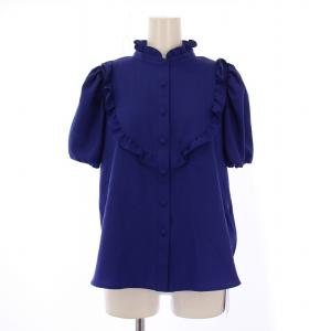 シャツ ブラウス 半袖 スタンドカラー フリル ストレッチ 34 青 ブルー /BB