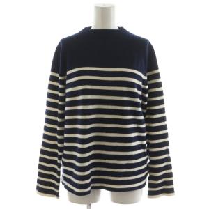 ボーダークルーネックプルオーバー ニット セーター 長袖 サイドボタン カシミヤ 1 紺 ネイビー 白