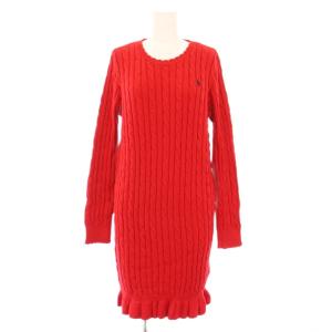 ニットワンピース タイト ミニ丈 長袖 クルーネック ケーブル編み ストレッチ ロゴ 刺繍 ワンポイント