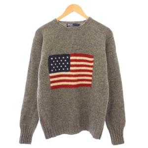 ニット セーター 長袖 クルーネック アメリカ国旗 刺繍 S グレー /BB