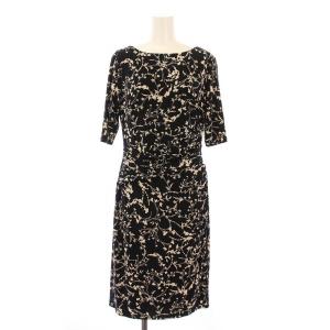 タイトワンピース ひざ丈 五分袖 クルーネック ストレッチ 花柄 4 黒 ブラック ベージュ /BB