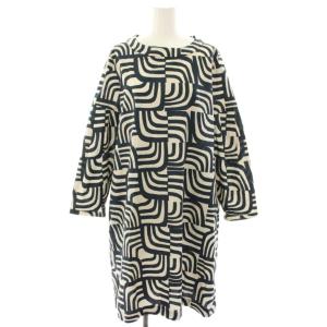 ワンピース ひざ丈 総柄 バックリボン 長袖 40 ベージュ 紺 ネイビー 24192212336 /HN