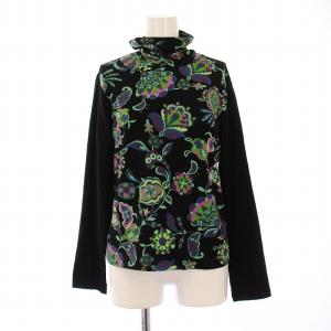 カットソー 長袖 ハイネック ストレッチ 花柄 プリント 9 黒 ブラック /BB