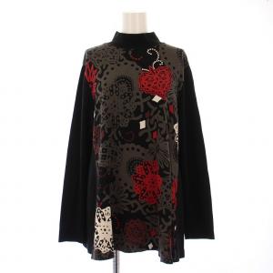 カットソー 長袖 ハイネック ストレッチ 花柄 プリント 9 黒 ブラック /BB