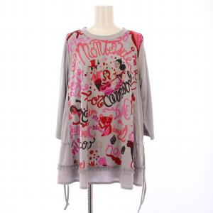 チュニック カットソー 七分袖 クルーネック ストレッチ レース 装飾 サイドリボン 総柄 9 グレー