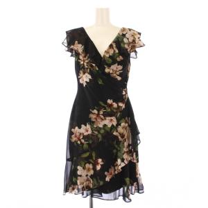 ワンピース ひざ丈 半袖 Vネック シアー シースルー 花柄 2P 黒 ブラック タグ付き /BB