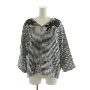 シャツ ブラウス 七分袖 チェック 花刺繍 プルオーバー Vネック F ブラック ホワイト BEZ1081504A0001