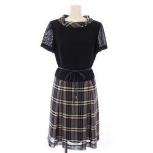 フレアワンピース ひざ丈 半袖 スタンドカラー チェック柄 麻 リネン混 ベルト 38 紺 ネイビー /BB