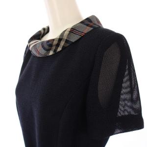 M'S GRACY フレアワンピース ひざ丈 半袖 スタンドカラー チェック柄 麻 リネン混 ベルト 38 紺 ネイビー /BB