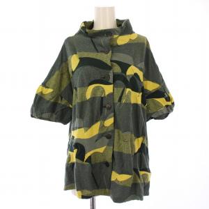 カットソー 半袖 ボトルネック ストレッチ 前開き 総柄 40 緑 グリーン 黄色 イエロー /BB