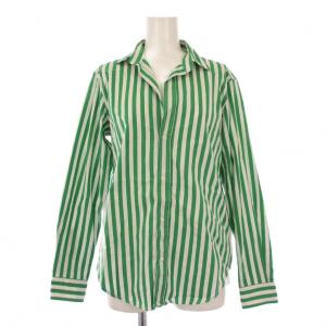 オープンカラーシャツ ブラウス 長袖 ストライプ柄 バイカラー XS 白 ホワイト 緑 グリーン /BB
